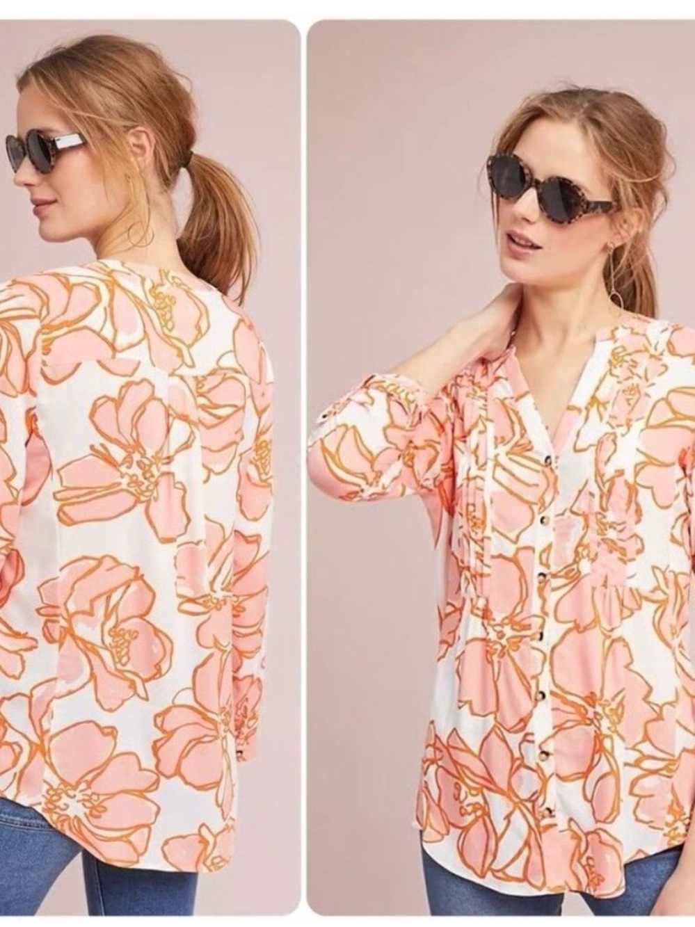 Anthropologie Maeve Small Coral & White Floral Button-Up Blouse